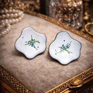 VINTAGE 1970s HAND PAINTED ENAMEL COPPER CLIP-ON EARRINGS FLORAL ARTISAN